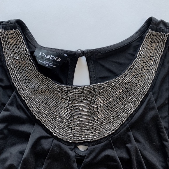 Black Bedazzled Bebe Silky Tank Top, Beaded Silver Metal Neckline, Keyhole Back - Picture 3 of 3